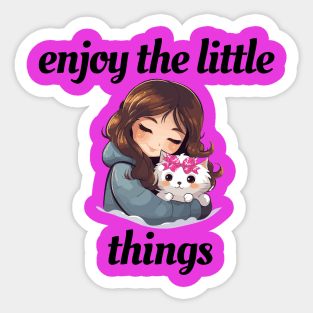 Enjoy The Little Things , Little girl with a kitten wearing a coquette bow. Sticker